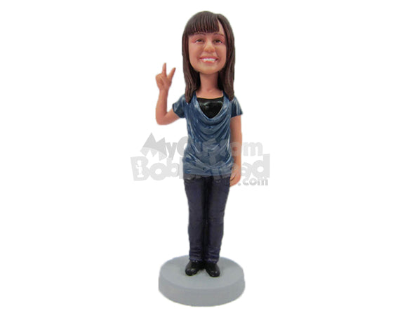 Custom Bobblehead Happy Cute Girl In Stylish Top With Peace Hand Sign - Leisure & Casual Casual Females Personalized Bobblehead & Cake Topper Custom Bobblehead Happy Cute Girl In Stylish Top With Peace Hand Sign - Leisure & Casual Casual Females Personalized Bobblehead & Cake Topper